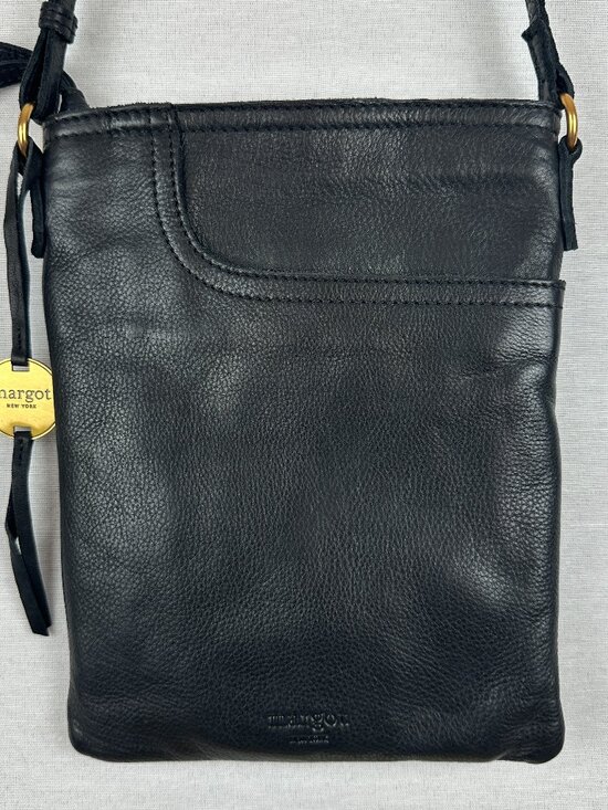 Margot New York Handbags - MARGOT NEW YORK 100% GENUINE LEATHER CROSSBODY SPLIT POCKET BAG IN BLACK